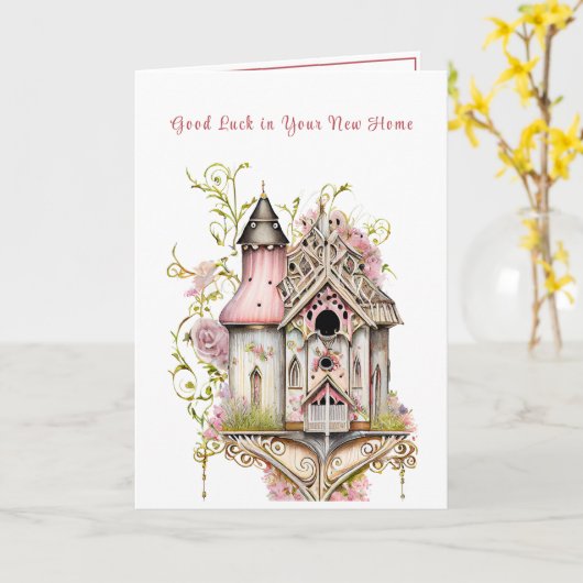 Viktorianisch Birdhouse Viel Glück New Zuhause Karte (Gelbe Blume)