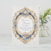 Viktorianisch-Blau- und Goldromantische Blumenhoch Einladung (Stehend Vorderseite)