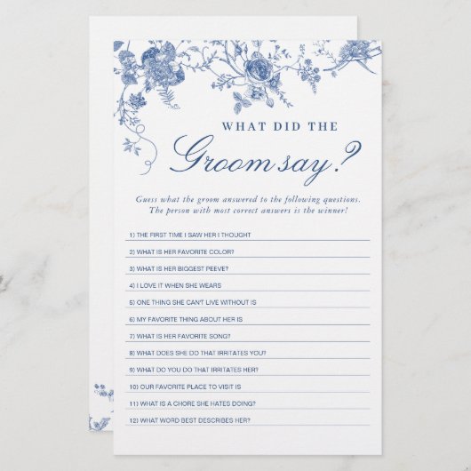 Viktorianisch Blue French Garden Brautparty Game (Vorne/Hinten)