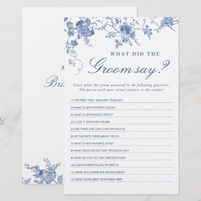 Viktorianisch Blue French Garden Brautparty Game (Vorne/Hinten)