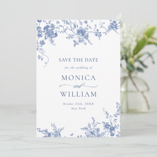 Viktorianisch Blue French Garden Foto Hochzeit Save The Date (Stehend Vorderseite)