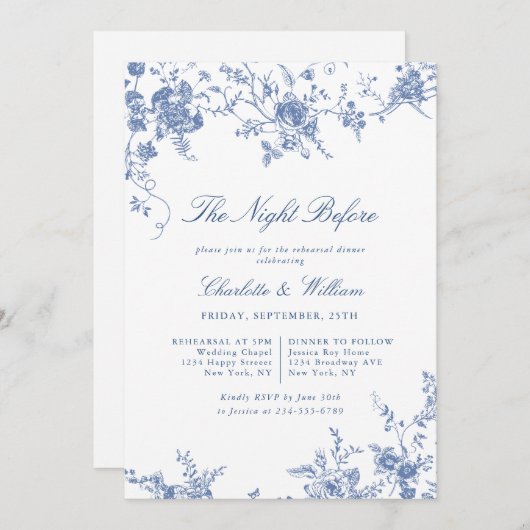 Viktorianisch Blue French Garden Probe Dinner Einladung (Vorne/Hinten)