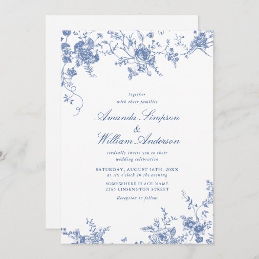 Viktorianisch Blue French Garden Toile Wedding Einladung (Vorne/Hinten)