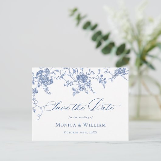 Viktorianisch Blue French Garden Wedding Save the Postkarte (Stehend Vorderseite)