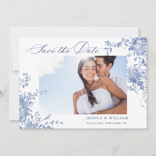 Viktorianisch Blue French Rose Garden QR-Code Hoch Save The Date (Vorderseite)