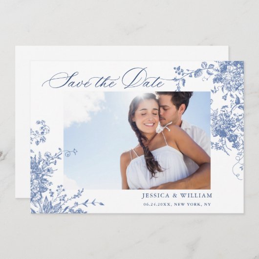 Viktorianisch Blue French Rose Garden QR-Code Hoch Save The Date (Vorne/Hinten)