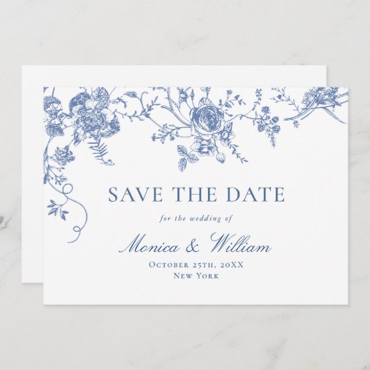 Viktorianisch Blue French Rose Garden QR-Code Hoch Save The Date (Vorne/Hinten)