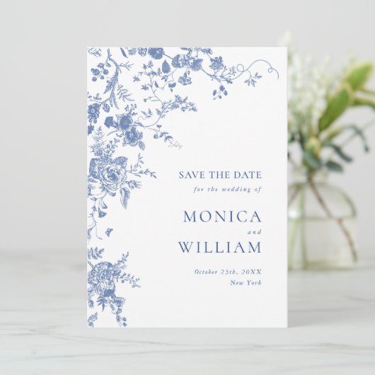 Viktorianisch Blue French Toile Garden Save The Date (Stehend Vorderseite)