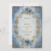 Viktorianisch Blue Rose & Gold Scroll Wedding Einladung (Vorderseite)