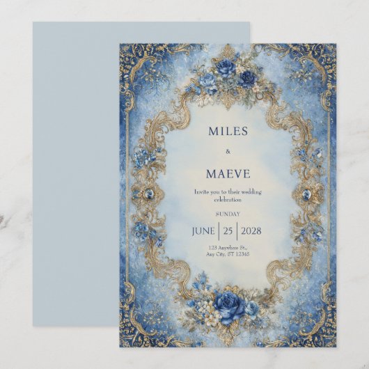 Viktorianisch Blue Rose & Gold Scroll Wedding Einladung (Vorne/Hinten)