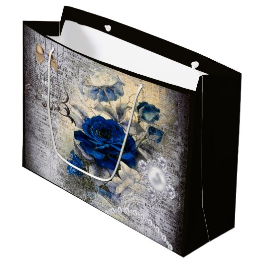 Viktorianisch Dark Blue Rose Ephemera Große Geschenktüte (Vorderseite Schrägansicht)