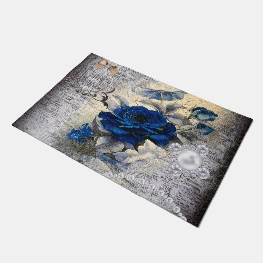 Viktorianisch Dark Blue Rose Ephemera Styled Fußmatte (Schrägansicht)