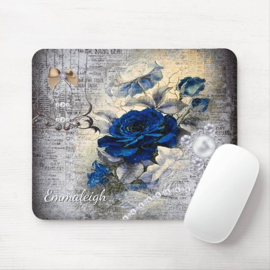 Viktorianisch Dunkelblaue Rose Ephemera Monogram Mousepad (Mit Mouse)