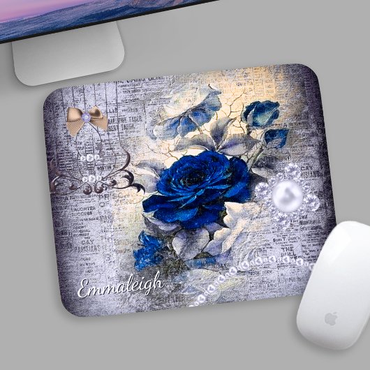 Viktorianisch Dunkelblaue Rose Ephemera Monogram Mousepad