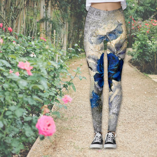 Viktorianisch Dunkelblaue Rose Ephemera Vintage Ch Leggings