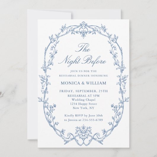 Viktorianisch Dusty Blue Probe Dinner QR-Code Einladung (Vorderseite)