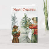 Viktorianisch Girls Gebäude a Snowman Karte (Vorderseite)