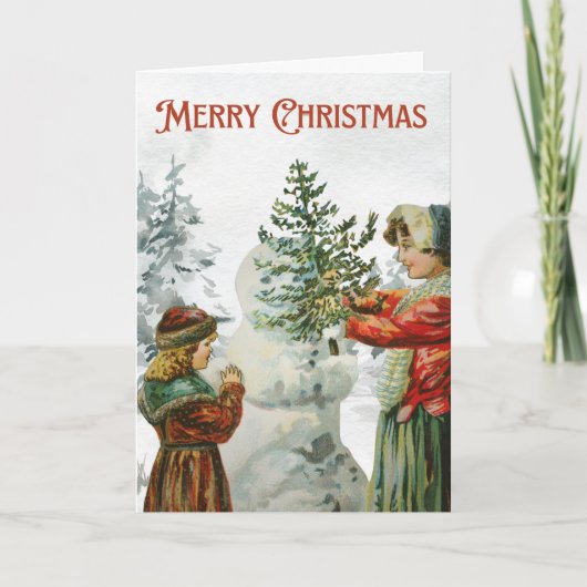 Viktorianisch Girls Gebäude a Snowman Karte (Vorderseite)