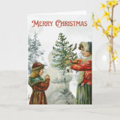 Viktorianisch Girls Gebäude a Snowman Karte (Gelbe Blume)