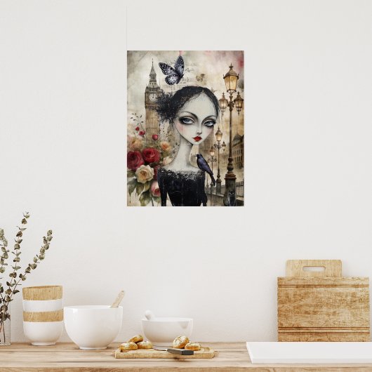 Viktorianisch Gothic Girl & Florals London Poster (Küche)
