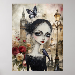 Viktorianisch Gothic Girl & Florals London Poster