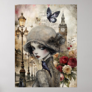 Viktorianisch Gothic Girl & Florals London Poster