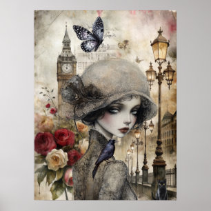 Viktorianisch Gothic Girl & Florals London Poster