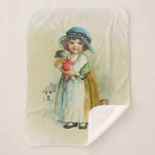 Viktorianisch Little Girl Blue Hat Holding Dolls T Sherpadecke