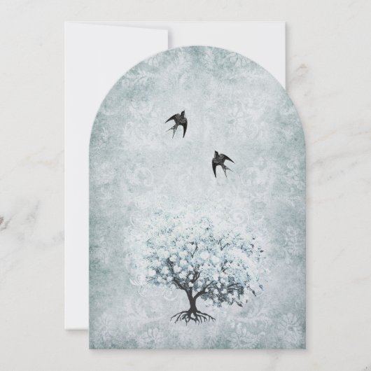 Viktorianisch Love Bird Blue Damask Herzleaf Tree Einladung (Vorderseite)