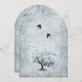 Viktorianisch Love Bird Blue Damask Herzleaf Tree Einladung (Vorne/Hinten)