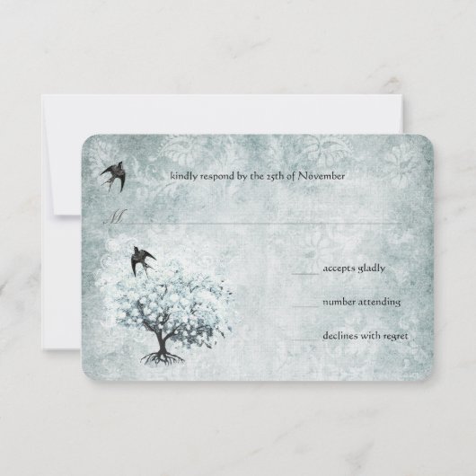 Viktorianisch Love Bird Blue Damask Herzleaf Tree RSVP Karte (Rückseite)