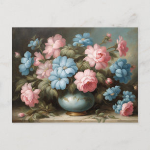Viktorianisch rosa, blaue Blumen in Vase Still Lif Postkarte