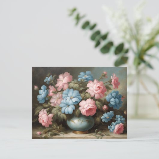 Viktorianisch rosa, blaue Blumen in Vase Still Lif Postkarte (Stehend Vorderseite)
