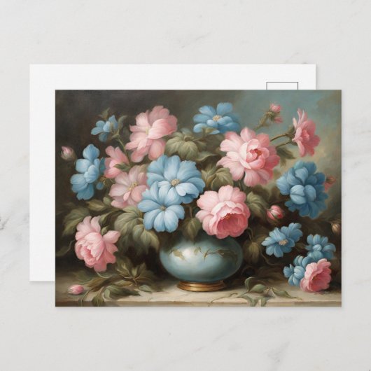 Viktorianisch rosa, blaue Blumen in Vase Still Lif Postkarte (Vorne/Hinten)