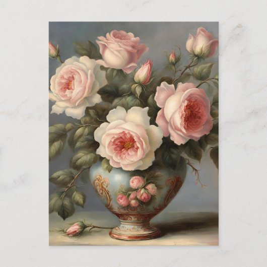 Viktorianisch rosa Rosen in einer Vase Postkarte (Vorderseite)