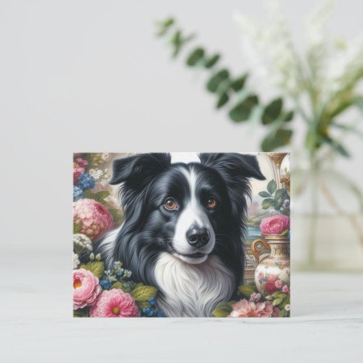 Viktorianisch rosa Roses Border Collie Postkarte (Stehend Vorderseite)
