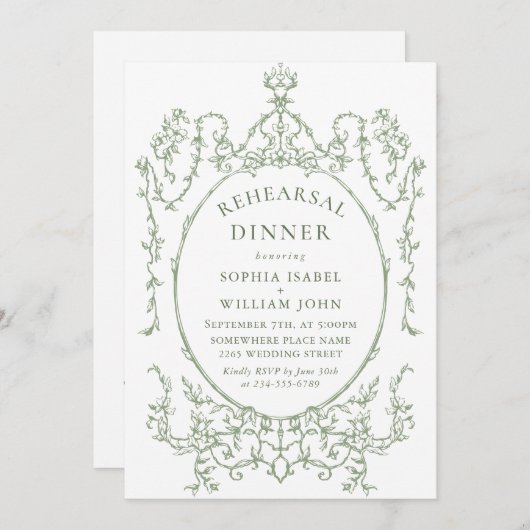 Viktorianisch Sage Green Probe Dinner QR-Code Einladung (Vorne/Hinten)