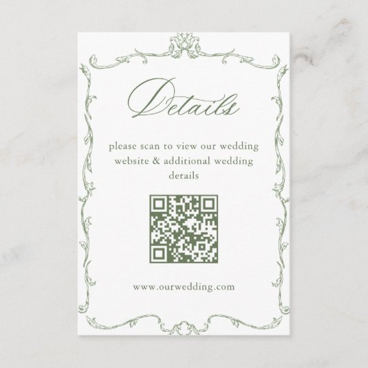 Viktorianisch Sage Green Wedding Details QR-Code Begleitkarte (Vorderseite)