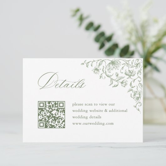 Viktorianisch Sage Green Wedding QR-Codedetails Begleitkarte (Stehend Vorderseite)