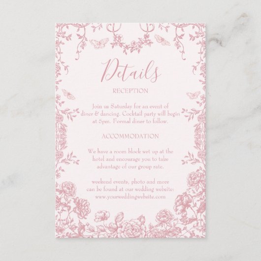 Viktorianisch Toile Pink Chinoiserie Hochzeitsdeta Begleitkarte (Vorderseite)