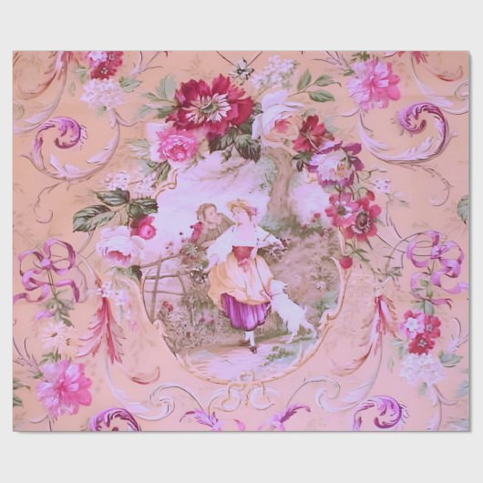 Viktorianisch Toile Rokoko Floral Rosa Decoupage Geschenkpapier (Flach)