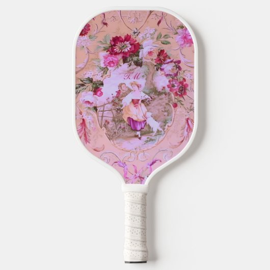 Viktorianisch Toile Rokoko Stil Blumenrosa Initial Pickleball Schläger (Vorderseite)