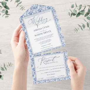 Viktorianisch Toile Vintag Blue Floral Wedding All In One Einladung