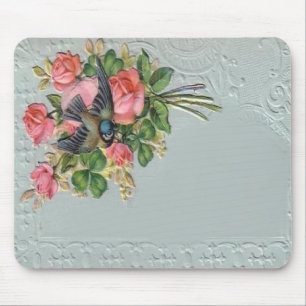 Viktorianisch Vintage Blumen, Spitze, Blau Vogel M Mousepad
