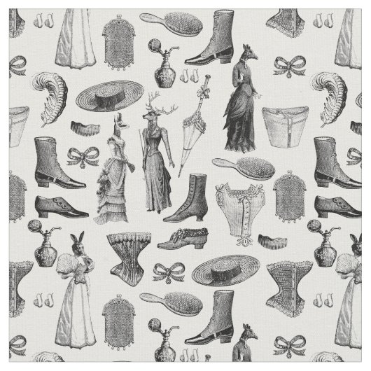 viktorianische antike Tiere, Schwarz-weiße Kleinti Stoff (Nahaufnahme)