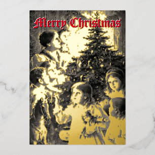Viktorianische Ära 1899 Kinder rund um den Weihnac Folien Feiertagskarte