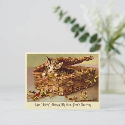 Viktorianische Ära Kitten mit Holly "Neujahr" Postkarte (Stehend Vorderseite)