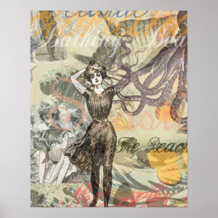 Viktorianische Bade-Schönheit Kraken Vintage Surre Poster
