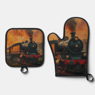 Viktorianische Bahnreise - Dampfzug Ofenhandschuh & Topflappen-Set