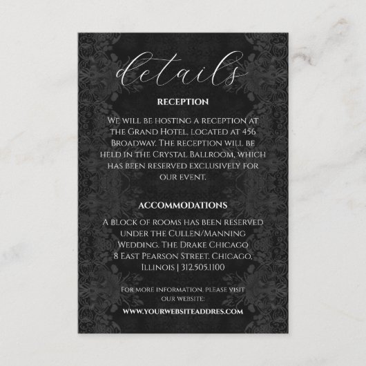 Viktorianische Black Moody-Hochzeitsinformationen Begleitkarte (Vorderseite)
